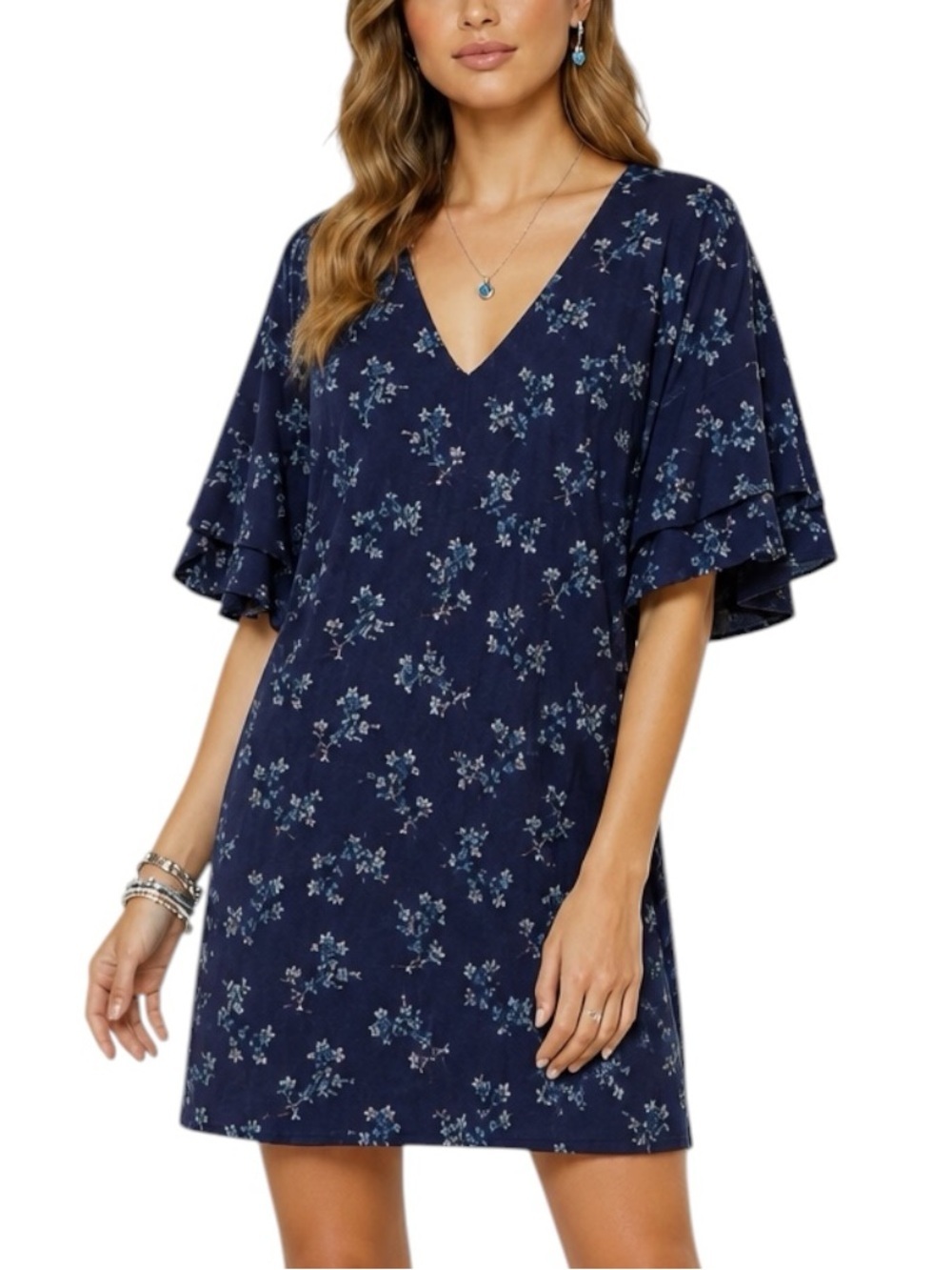 NWT LUCKY BRAND Tier Ruffle Short Sleeve V-Neck Floral Shift Dress Size Medium